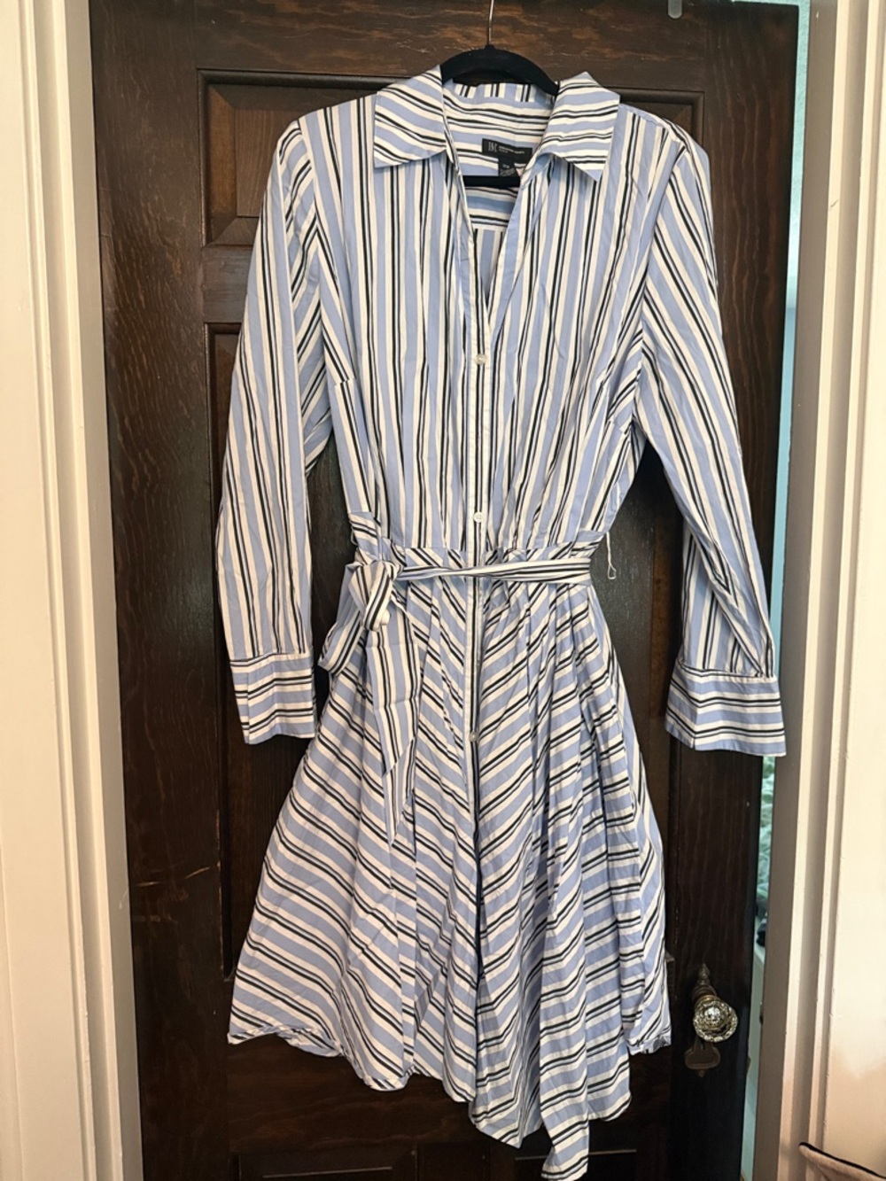 INC International Concepts Blue and White Striped Long Sleeve Shirt Dress